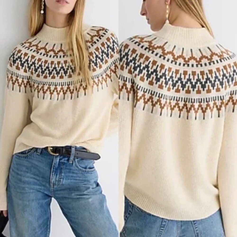 JCREW Lambs Wool Blend Fair Isle Mockneck Pullover Sweater Size S